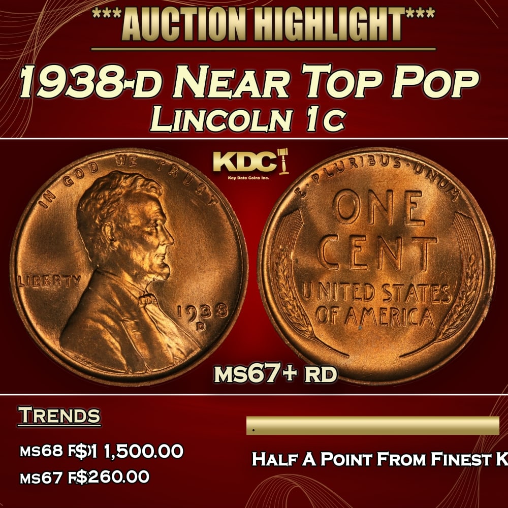 1938-d Lincoln Cent Near Top Pop 1c ms67+ rd SEGS: 1938-d Near Top Pop Lincoln Cent 1c ms67+ rd SEGS. 0