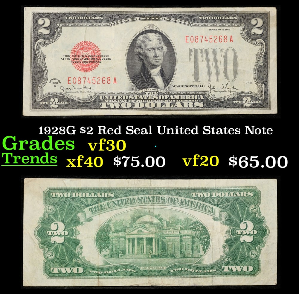 1928G $2 Red Seal United States Note Grades vf++: 1928G $2 Red Seal United States Note Grades vf++. FR-1508 Two dollar bills from the series of 1928 are called 1928 $2 legal tenders. All legal tenders have a red seal. 1928 was also the first year tha