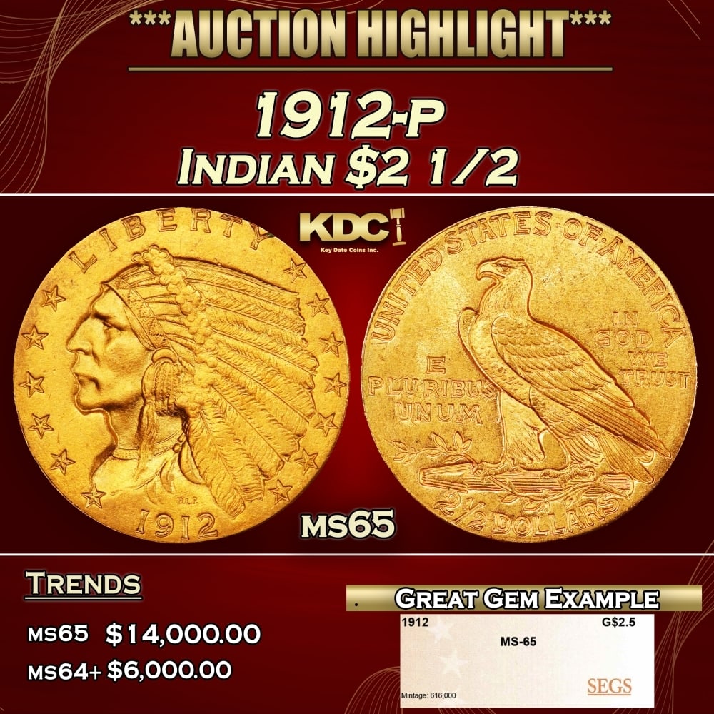 1912-p Gold Indian Quarter Eagle $2 1/2 ms65 SEGS (1 of 4)