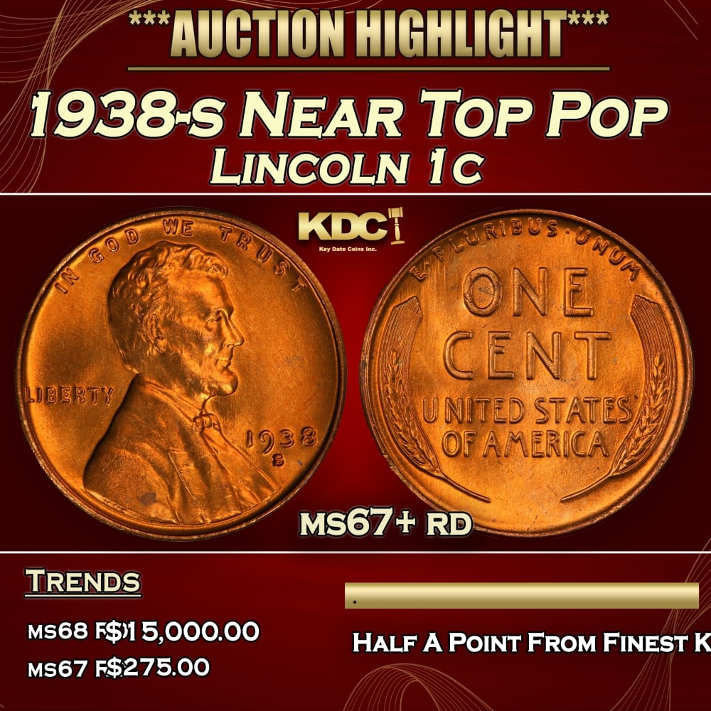 1938-s Lincoln Cent Near Top Pop 1c ms67+ rd SEGS: 1938-s Near Top Pop Lincoln Cent 1c ms67+ rd SEGS. 0