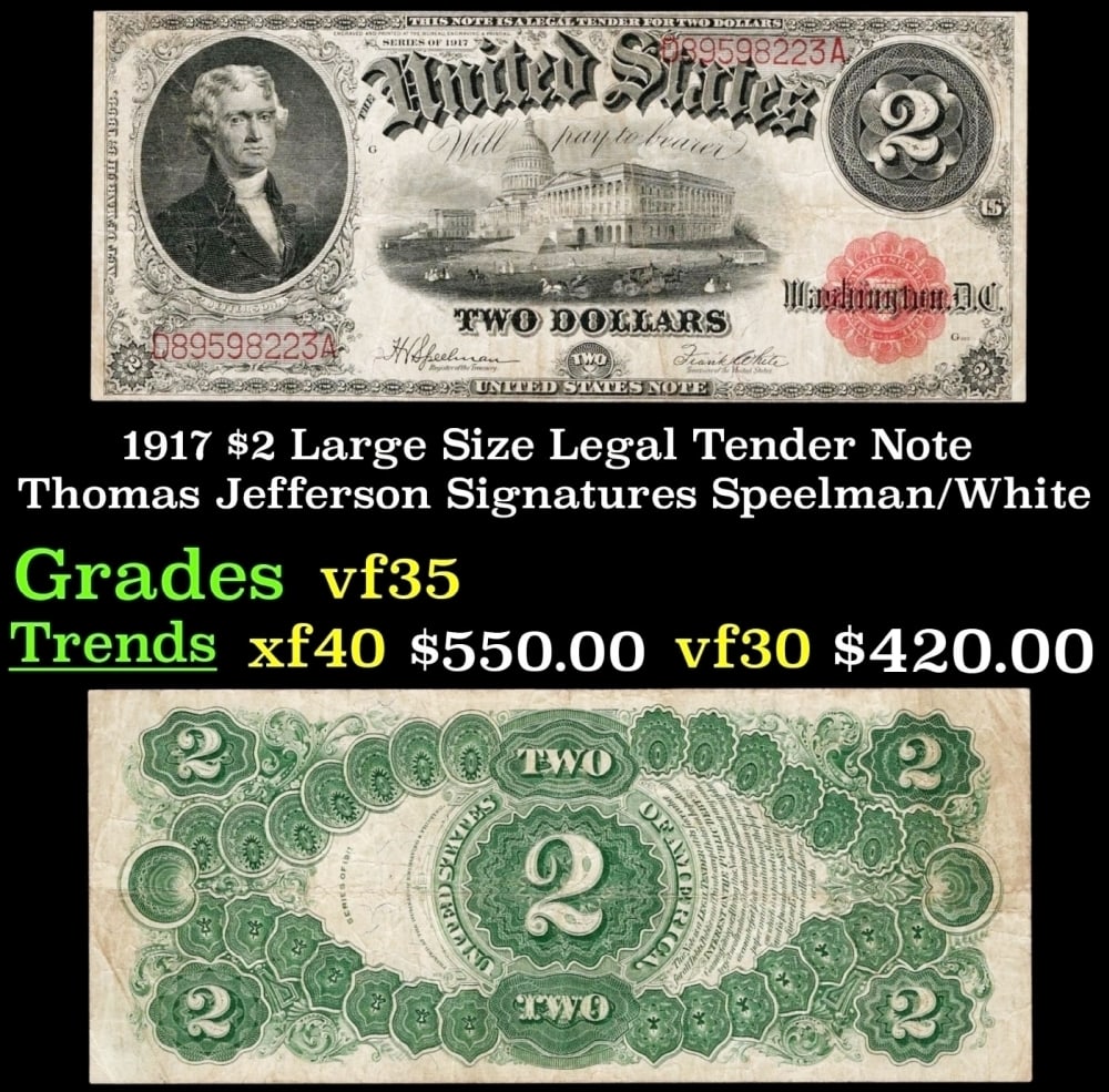 1917 Speelman/White $2 Large Size Legal Tender Note Grades vf++: 1917 Speelman/White $2 Large Size Legal Tender Note Grades vf++.