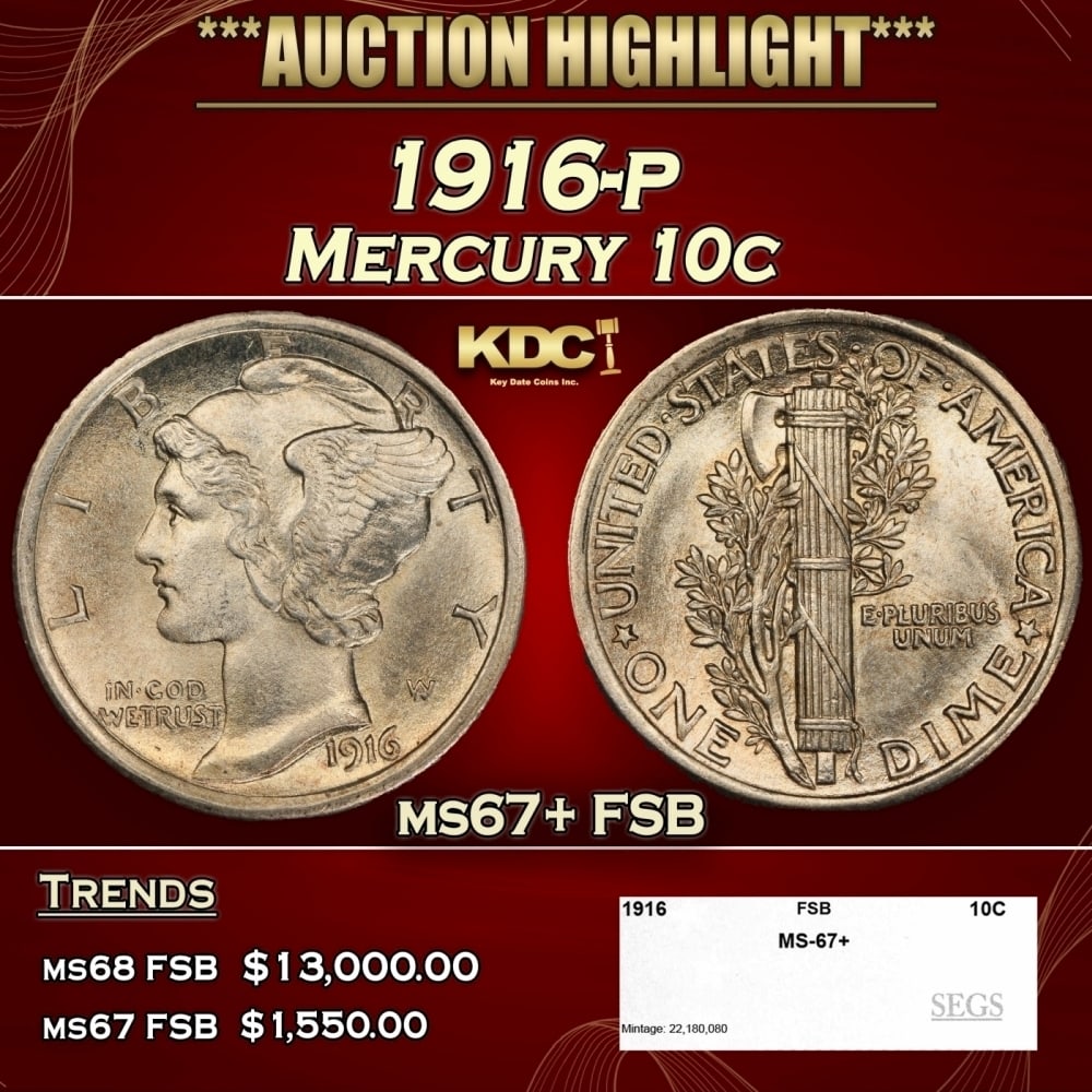 1916-p Mercury Dime 10c ms67+ FSB SEGS (1 of 4)
