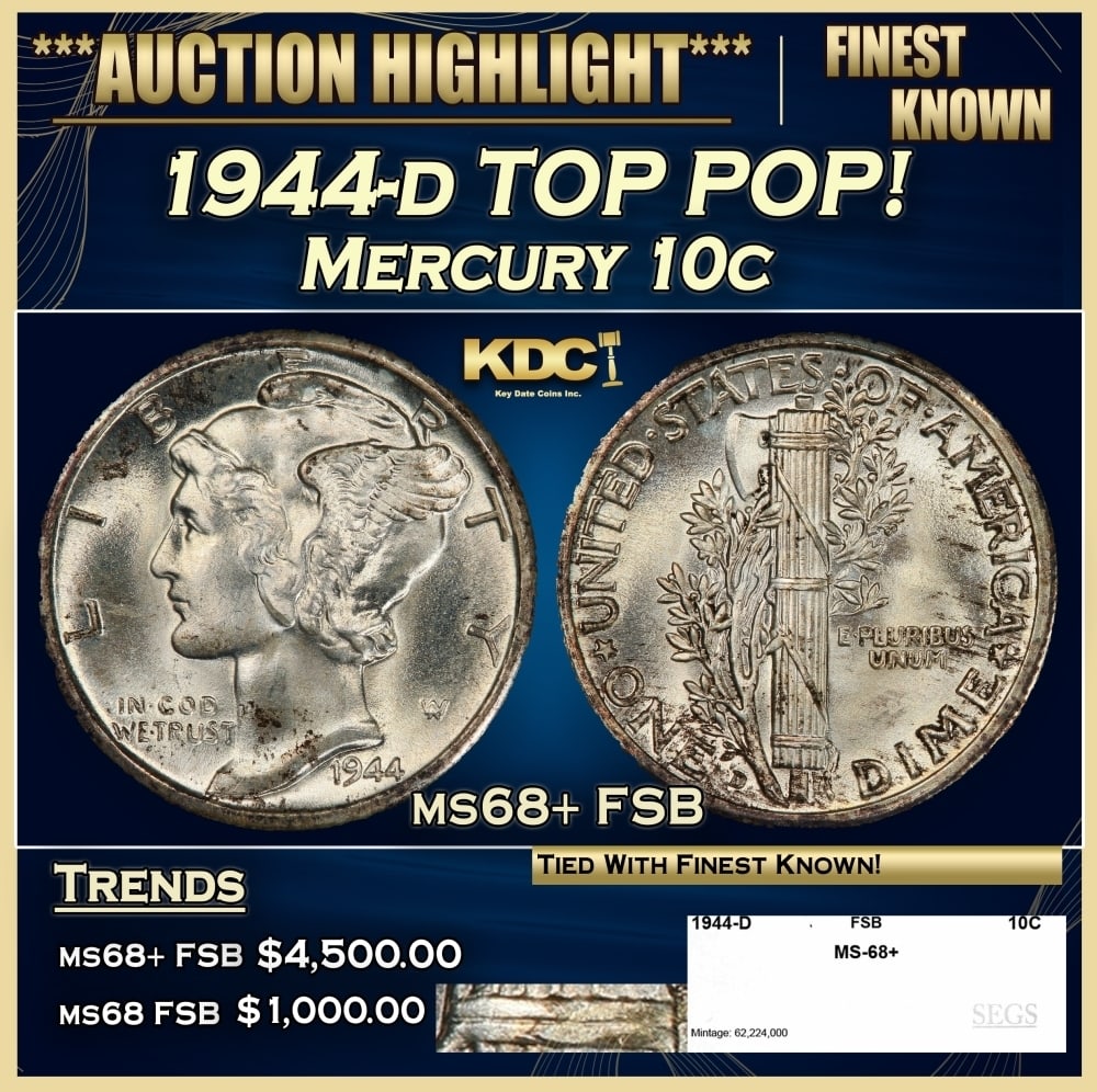 1944-d Mercury Dime TOP POP! 10c ms68+ FSB SEGS: 1944-d TOP POP! Mercury Dime 10c ms68+ FSB SEGS. A Key Date's Pick, Bid to Win, Don't let it get Away, you might not find its equal Coin