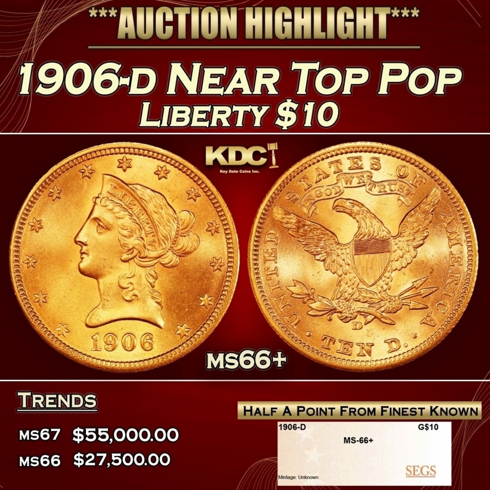 1906-d Gold Liberty Eagle Near Top Pop $10 ms66+ SEGS: 1906-d Near Top Pop Gold Liberty Eagle $10 ms66+ SEGS. 0