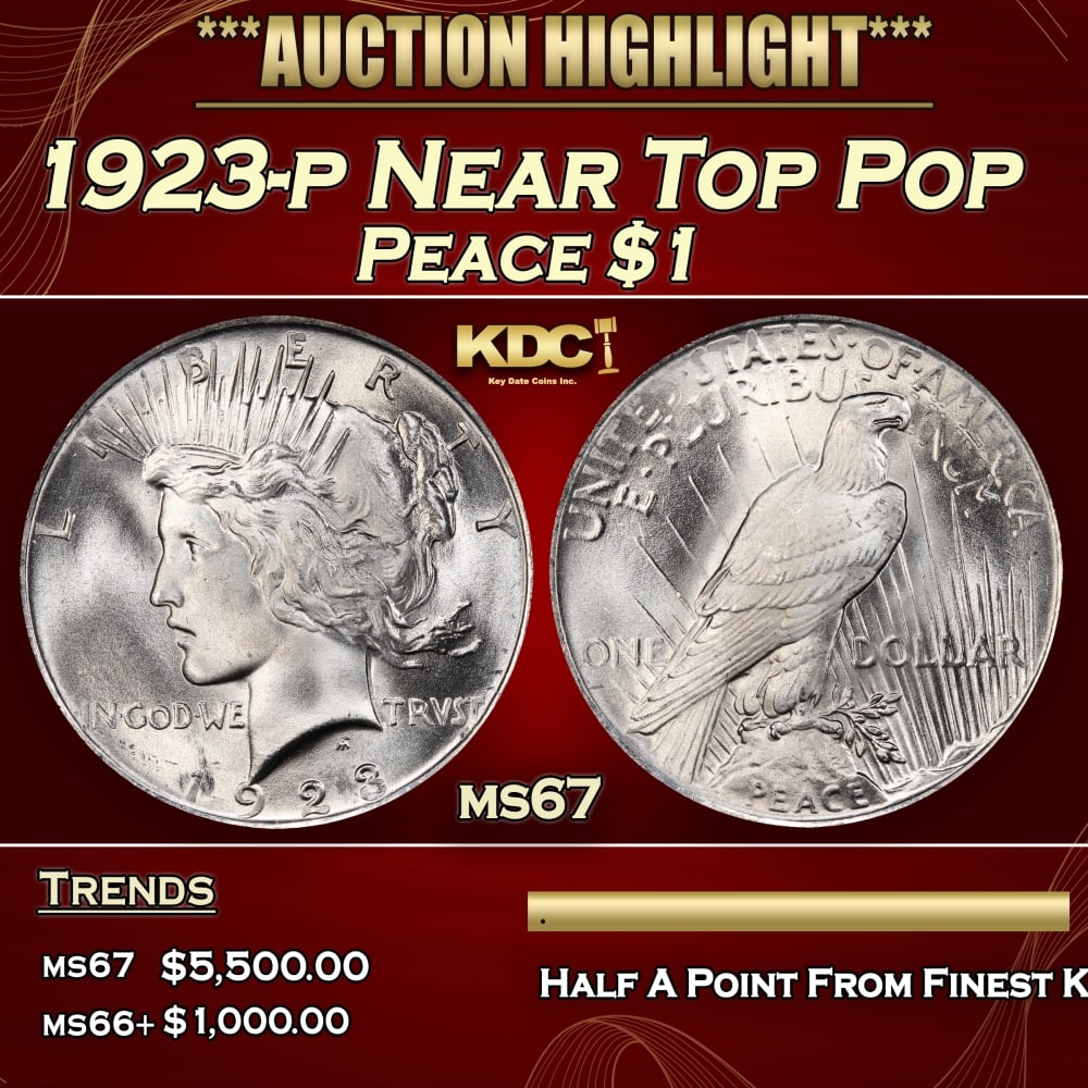 1923-p Peace Dollar Near Top Pop $1 ms67 SEGS: 1923-p Near Top Pop Peace Dollar $1 ms67 SEGS. 0