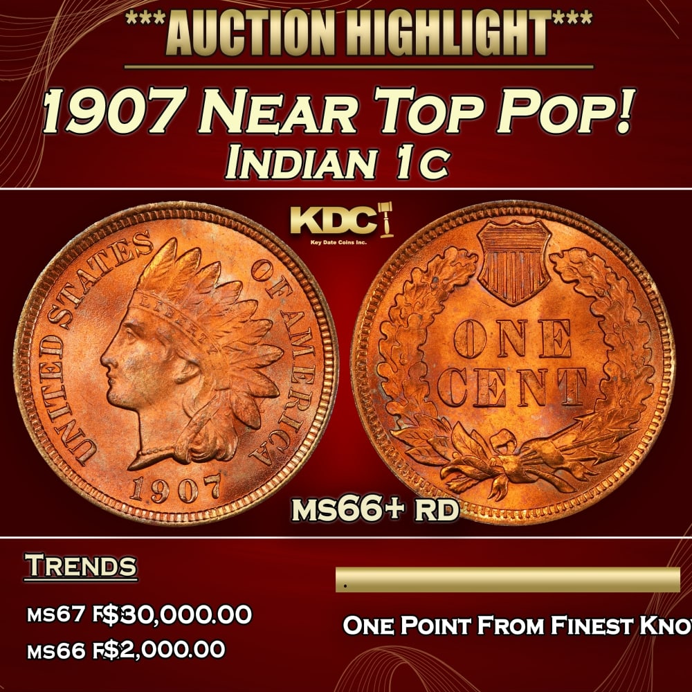 1907 Indian Cent Near Top Pop! 1c ms66+ rd SEGS: 1907 Near Top Pop! Indian Cent 1c ms66+ rd SEGS. 0