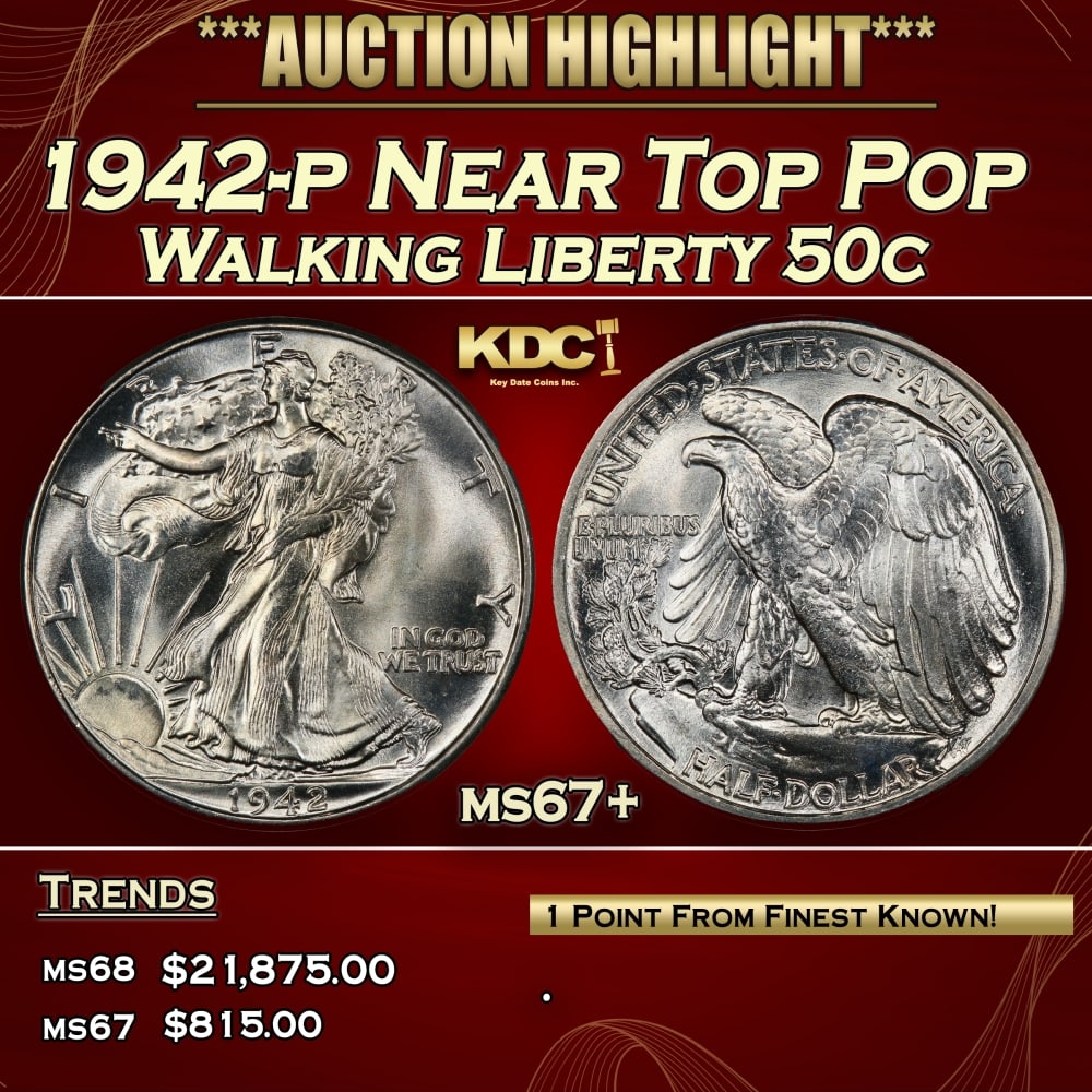 1942-p Walking Liberty Half Dollar Near Top Pop 50c ms67+ SEGS: 1942-p Near Top Pop Walking Liberty Half Dollar 50c ms67+ SEGS.