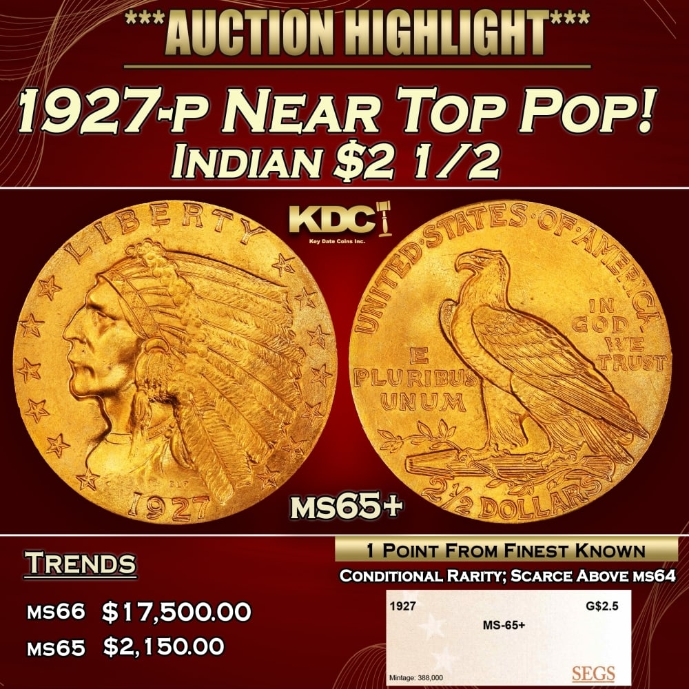 1927-p Gold Indian Quarter Eagle Near Top Pop! $2 1/2 ms65+ SEGS: 1927-p Near Top Pop! Gold Indian Quarter Eagle $2 1/2 ms65+ SEGS. Per David Akers of PCGS "The 1927 is similar in overall rarity to the 1926 and can be obtained without much difficulty in MS-65 or low