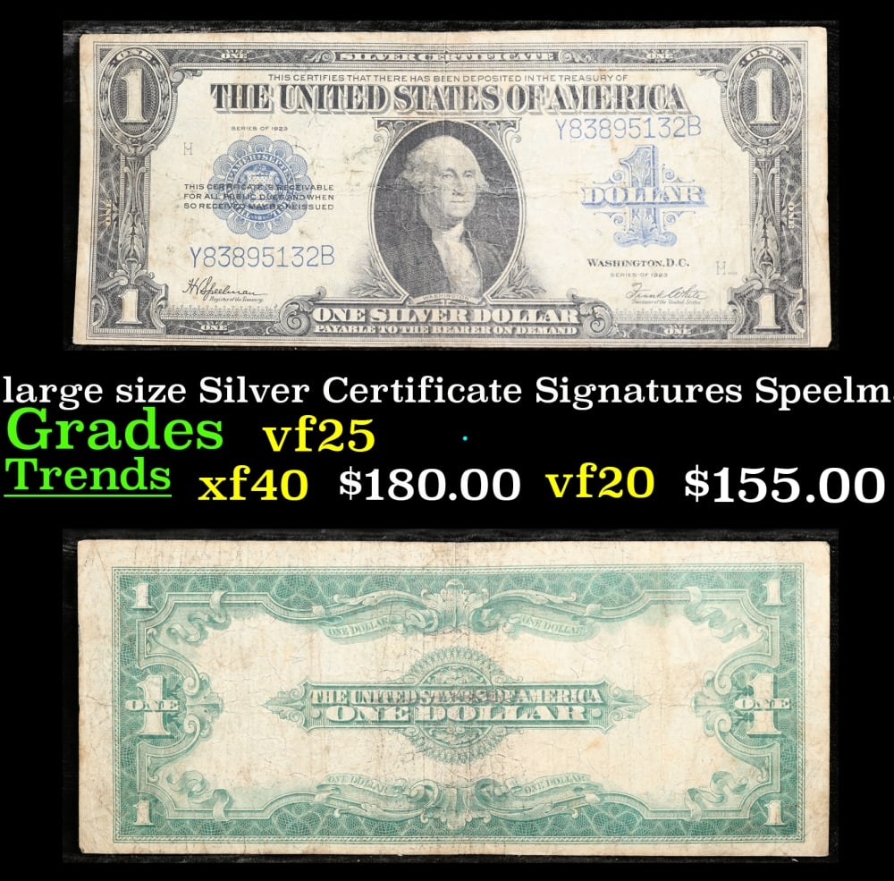 1923 $1 large size Silver Certificate Grades vf+ Signatures Speelman/White: 1923 $1 large size Silver Certificate Grades vf+ Signatures Speelman/White. Fr-237 The term “horse blanket” gets used a lot when talking about large size currency. It is most frequently used t
