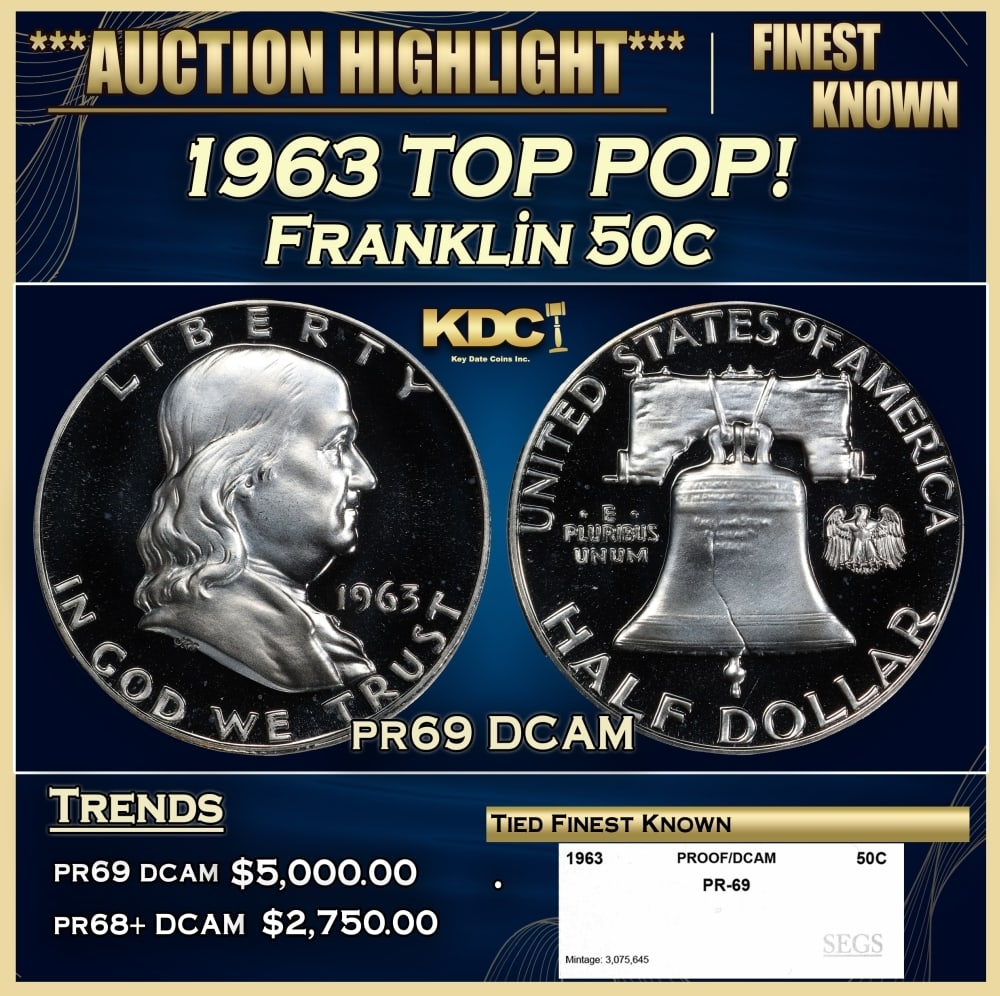 1963 Proof Franklin Half Dollar TOP POP! 50c pr69 DCAM SEGS: 1963 TOP POP! Franklin Half Dollar 50c pr69 DCAM SEGS. Historic precious metal trends is causing increased spot pricing by the day. On auctions with set openings, we are doing our best to have items p