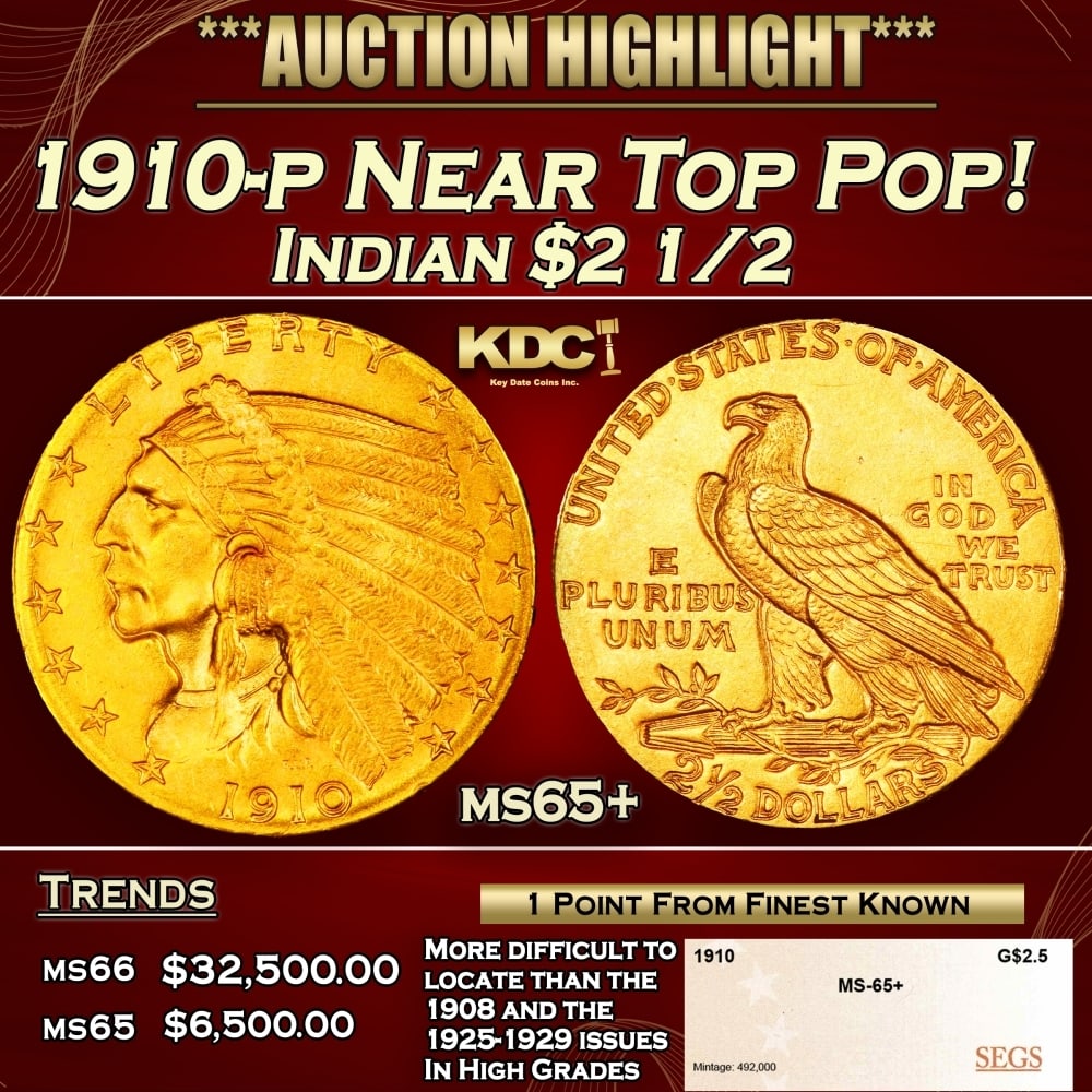 1910-p Gold Indian Quarter Eagle Near Top Pop! $2 1/2 ms65+ SEGS: 1910-p Near Top Pop! Gold Indian Quarter Eagle $2 1/2 ms65+ SEGS. The 1910 Indian quarter eagle claims a nominal mintage of 492,000 pieces, and the issue is a medium rarity in the series in high grade