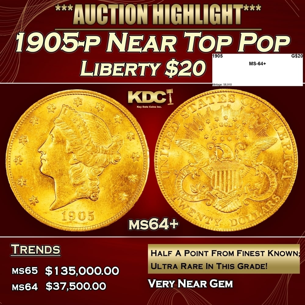 1905-p Gold Liberty Double Eagle Near Top Pop $20 ms64+ SEGS: 1905-p Near Top Pop Gold Liberty Double Eagle $20 ms64+ SEGS. 0