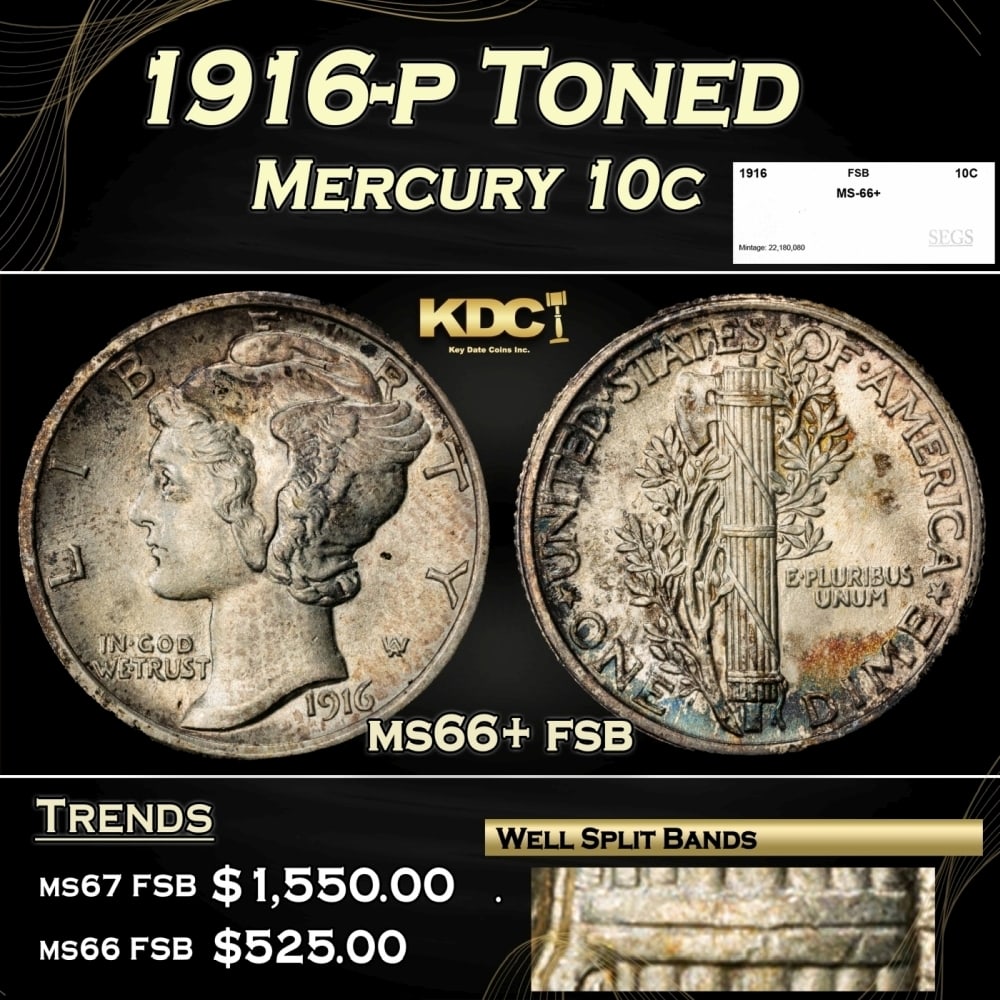 1916-p Mercury Dime Toned 10c ms66+ fsb SEGS (1 of 5)