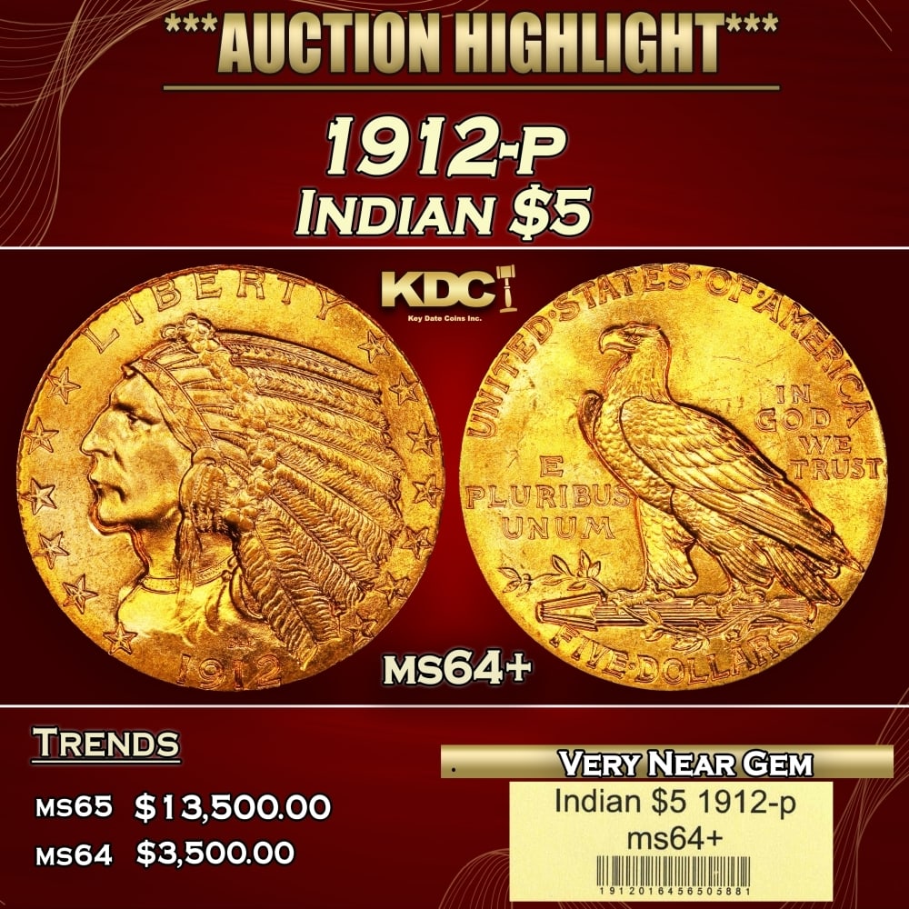 1912-p Gold Indian Half Eagle $5 ms64+ USCG: 1912-p Gold Indian Half Eagle $5 ms64+ USCG. Historic precious metal trends is causing increased spot pricing by the day. On auctions with set openings, we are doing our best to have items priced at t