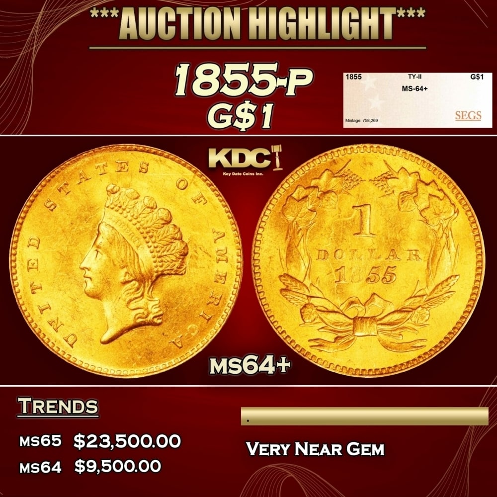 1855-p Gold Dollar $1 ms64+ SEGS: 1855-p Gold Dollar $1 ms64+ SEGS. The small 12.7 mm diameter of the Type I gold dollar brought about a few complaints of it being easy to lose, like the silver trime. To address this, Longacre enlarge