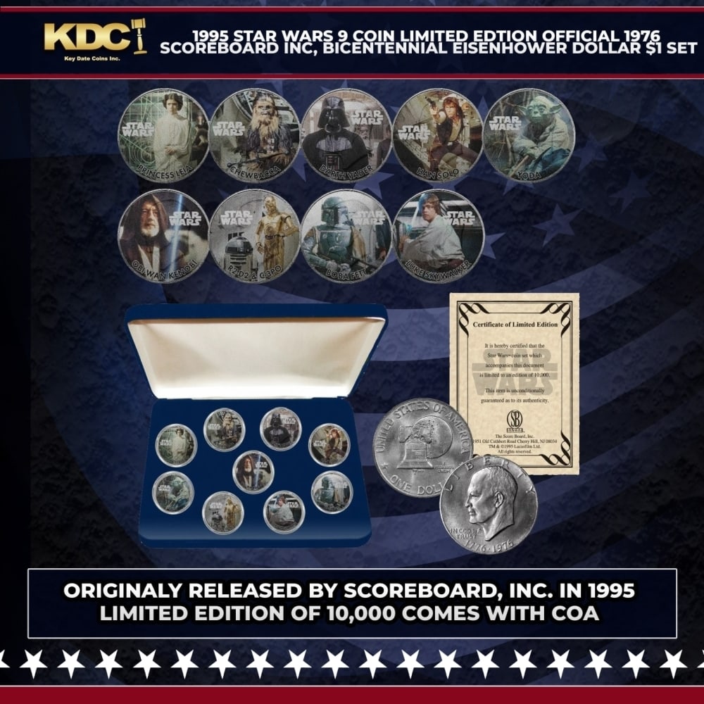 1995 STAR WARS 9 Coin Limited Edtion Official 1976 Scoreboard Inc, Bicentennial Eisenhower Dollar $1: 1995 STAR WARS 9 Coin Limited Edtion Official 1976 Scoreboard Inc, Bicentennial Eisenhower Dollar $1 Set w/ Box & COA. Star Wars transcends mere cinema. Over its remarkable 40-plus years in the entert
