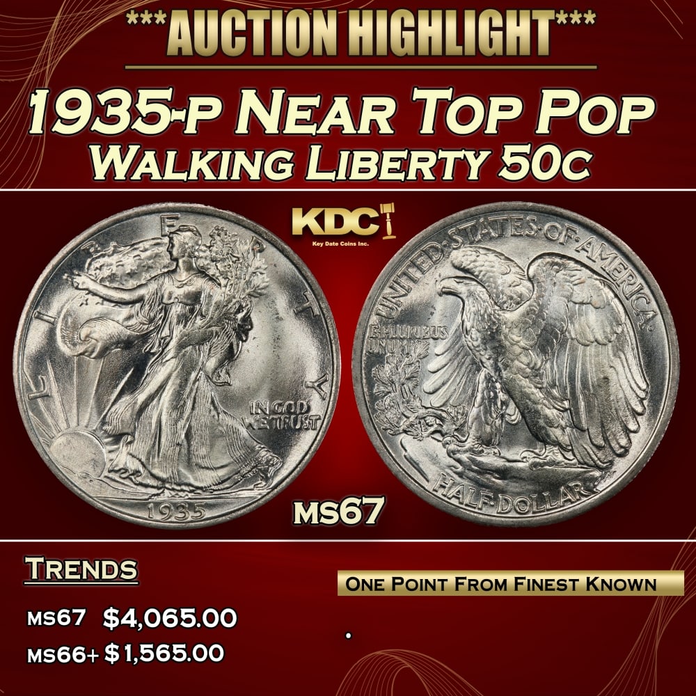 1935-p Walking Liberty Half Dollar Near Top Pop 50c ms67 SEGS: 1935-p Near Top Pop Walking Liberty Half Dollar 50c ms67 SEGS.