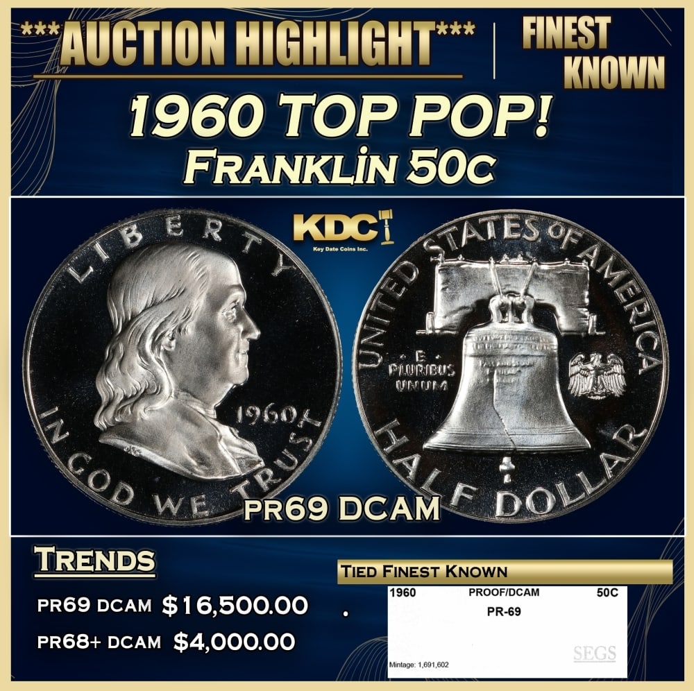 1960 Proof Franklin Half Dollar TOP POP! 50c pr69 DCAM SEGS: 1960 TOP POP! Franklin Half Dollar 50c pr69 DCAM SEGS. A new master die was put into use in 1960. The previous one had been used for an entire decade, causing many proofs from that era to lack contras