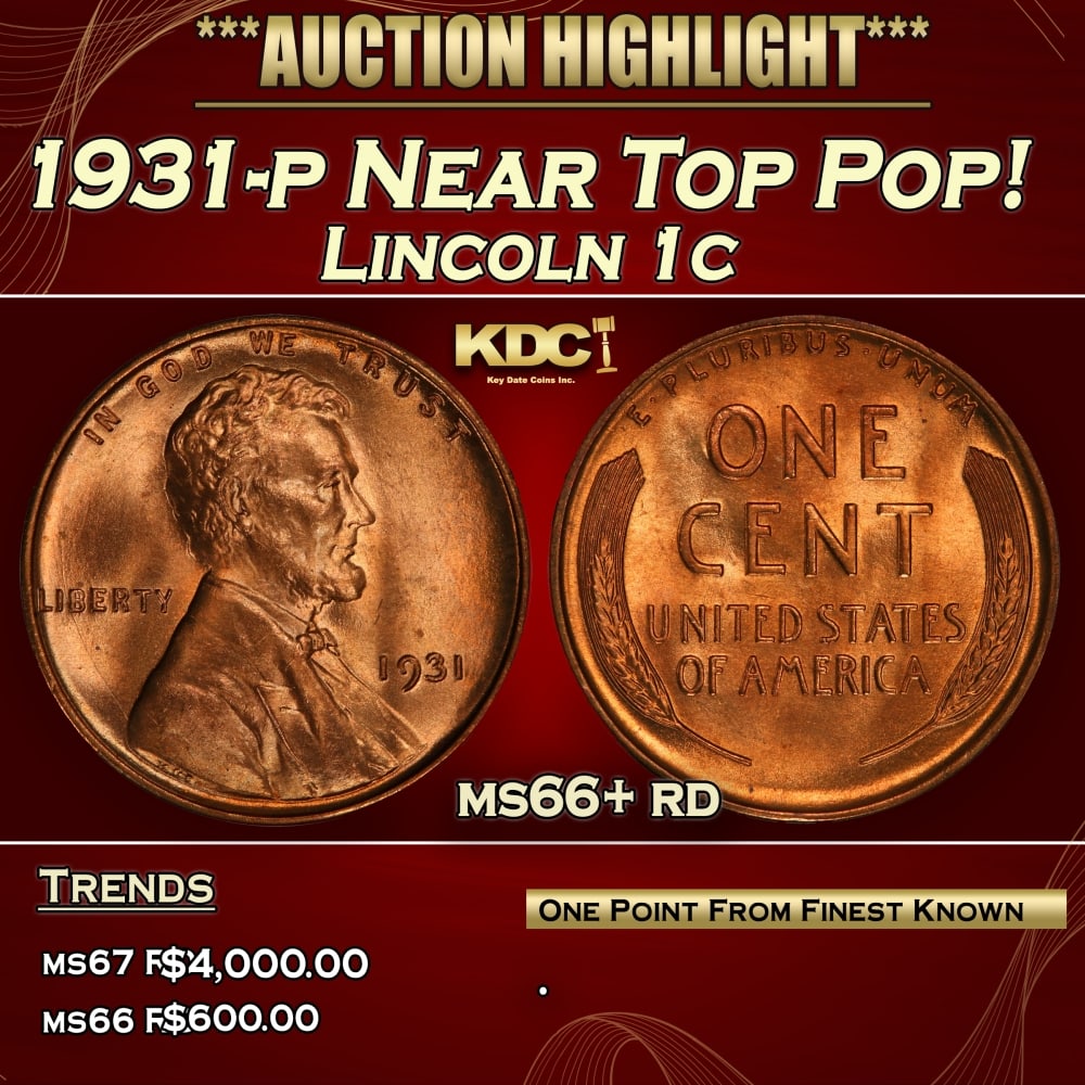 1931-p Lincoln Cent Near Top Pop! 1c ms66+ rd SEGS: 1931-p Near Top Pop! Lincoln Cent 1c ms66+ rd SEGS. 0