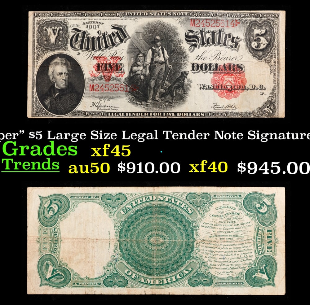 1907 $5 Large Size Legal Tender Note "WoodChopper" Grades xf+ Signatures Speelman/White: 1907 $5 Large Size Legal Tender Note "WoodChopper" Grades xf+ Signatures Speelman/White. FR-91 It is one of the most sought-after notes ever produced and now you can claim one for yourself! Nicknamed