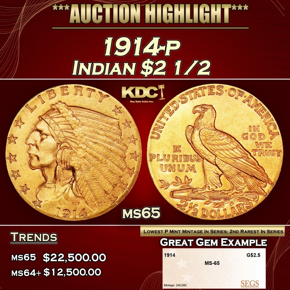 1914-p Gold Indian Quarter Eagle $2 1/2 ms65 SEGS: 1914-p Gold Indian Quarter Eagle $2 1/2 ms65 SEGS. The 1914 Indian quarter eagle boasts the lowest mintage of any Philadelphia issue of the series, at a mere 240,000 pieces. The 1914 is also widely co