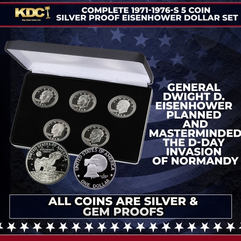 Complete 1971-1976-s 5 Coin Silver Proof Eisenhower Dollar Set: Complete 1971-1976-s 5 Coin Silver Proof Eisenhower Dollar Set. Recall one of America’s greatest military leaders with this complete 1971-1976 set of all five silver clad Uncirculated Eisenhower dol