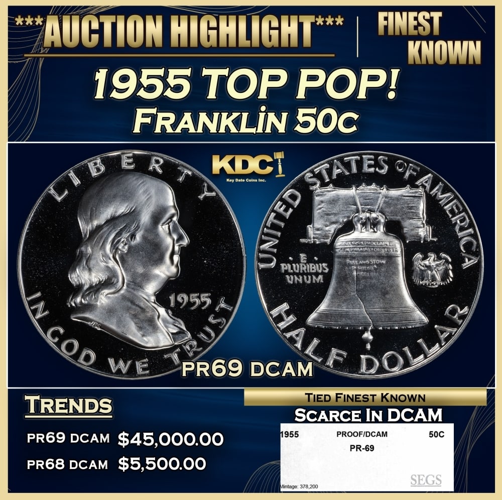 1955 Proof Franklin Half Dollar TOP POP! 50c pr69 dcam SEGS: 1955 TOP POP! Franklin Half Dollar 50c pr69 dcam SEGS. Historic precious metal trends is causing increased spot pricing by the day. On auctions with set openings, we are doing our best to have items p