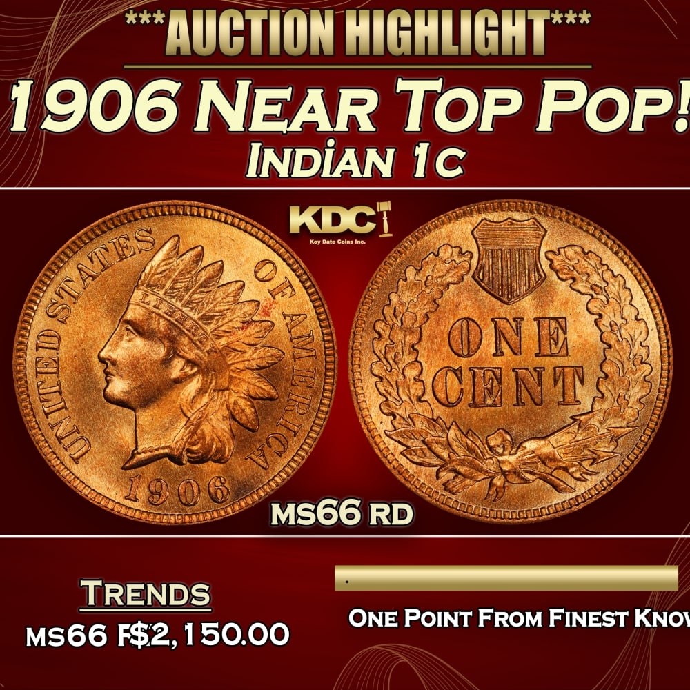 1906 Indian Cent Near Top Pop! 1c ms66 rd SEGS: 1906 Near Top Pop! Indian Cent 1c ms66 rd SEGS. 0