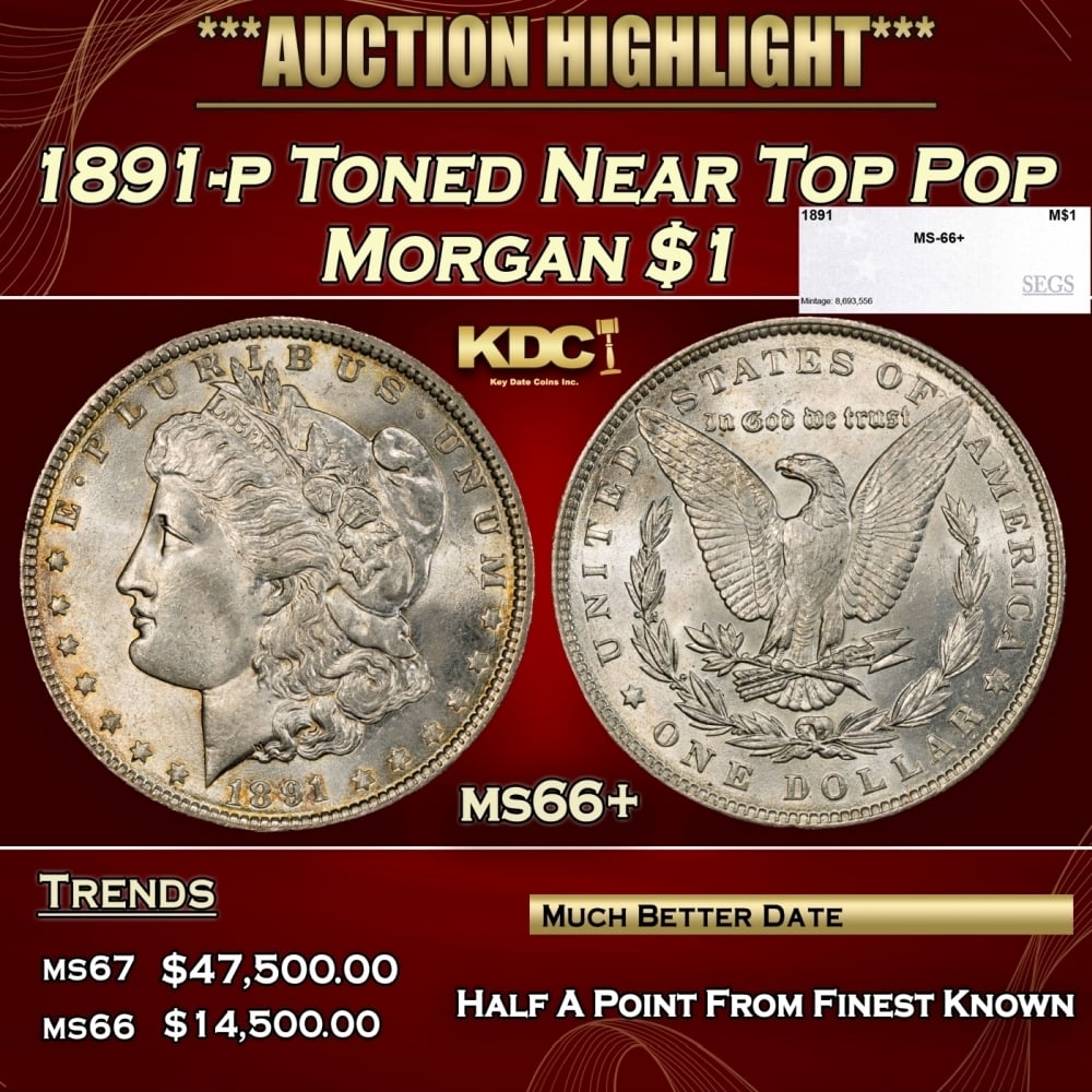 1891-p Morgan Dollar Toned Near Top Pop $1 ms66+ SEGS: 1891-p Toned Near Top Pop Morgan Dollar $1 ms66+ SEGS. 0