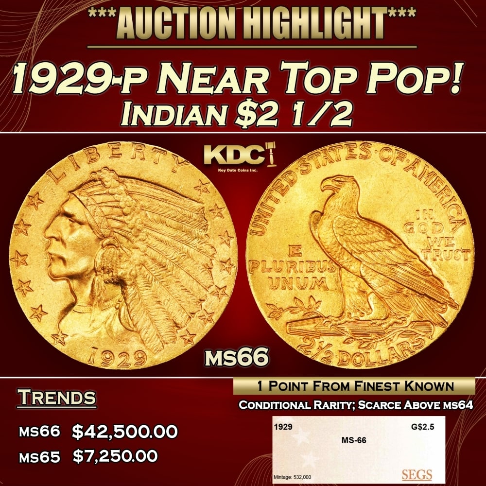 1929-p Gold Indian Quarter Eagle Near Top Pop! $2 1/2 ms66 SEGS: 1929-p Near Top Pop! Gold Indian Quarter Eagle $2 1/2 ms66 SEGS. Per David Akers Of PCGS "This is an unusual issue in that it is easy to find in MS-63 or lower condition but surprisingly difficult to