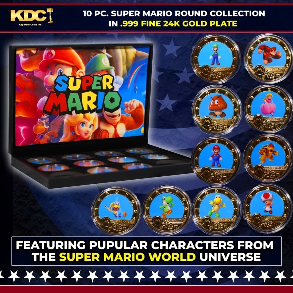 10 Coin Super Mario World Gold Plated Round Collection In Custom Box W/ Special Backer card: 10 Coin Super Mario World Gold Plated Round Collection In Custom Box W/ Special Backer card. Please Note All Backer Cards may have slight differences but will be very similar if not identical to the o