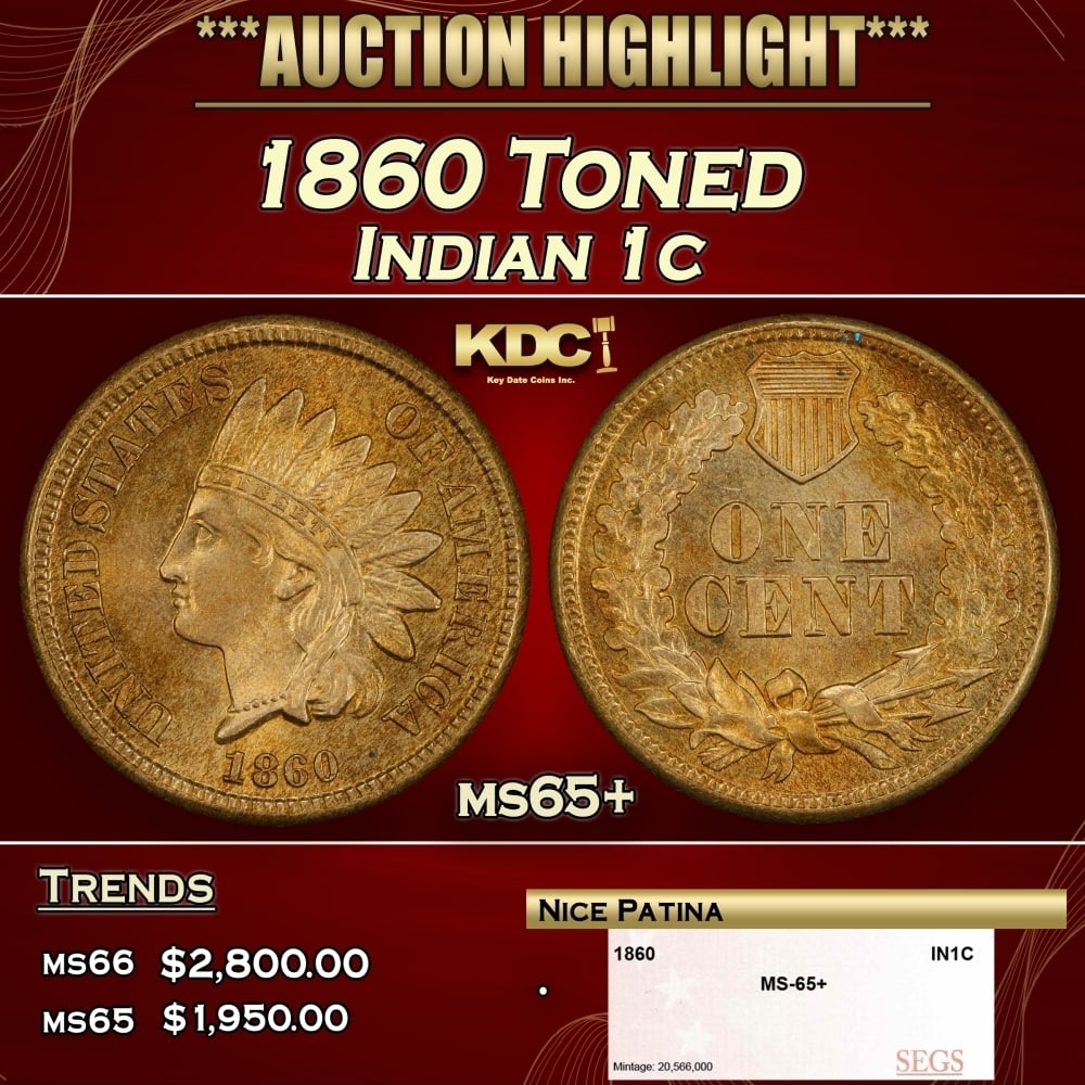1860 Indian Cent Toned 1c ms65+ SEGS: 1860 Toned Indian Cent 1c ms65+ SEGS. 0