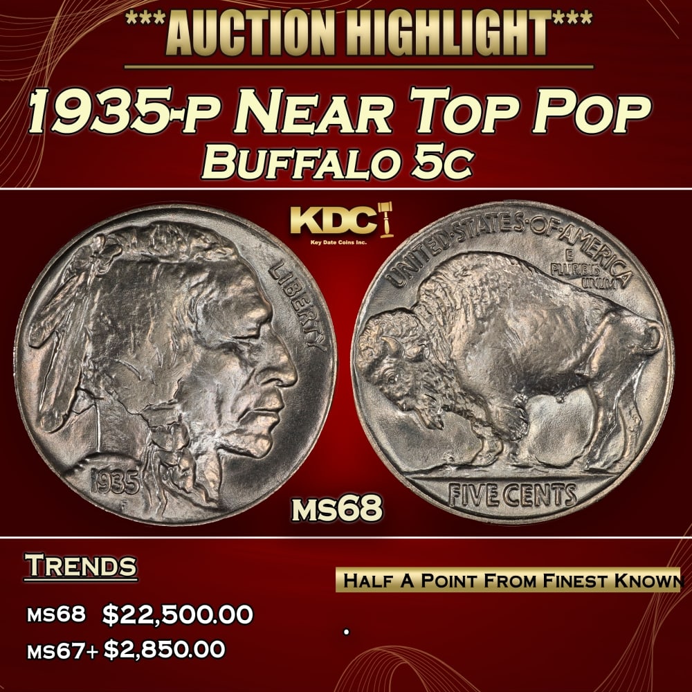 1935-p Buffalo Nickel Near Top Pop 5c ms68 SEGS: 1935-p Near Top Pop Buffalo Nickel 5c ms68 SEGS. 0