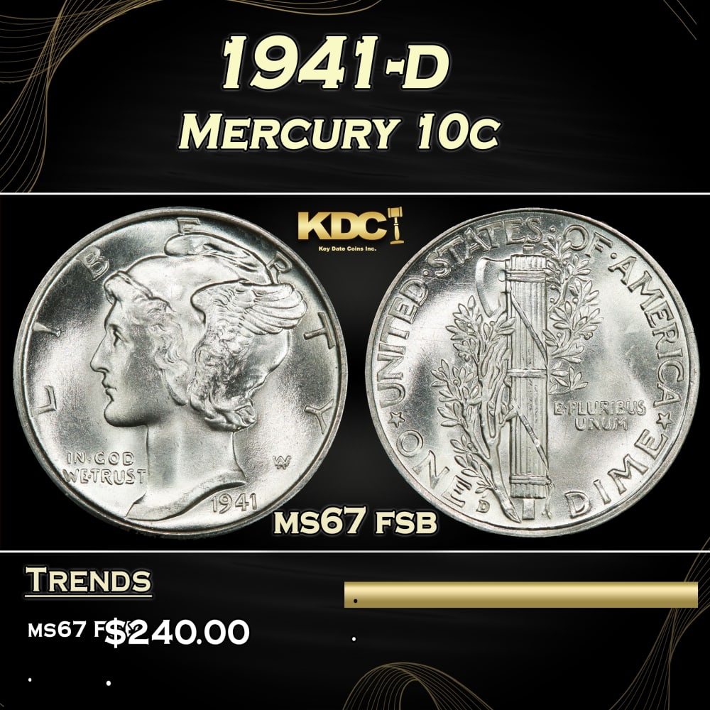 1941-d Mercury Dime 10c ms67 fsb SEGS: 1941-d Mercury Dime 10c ms67 fsb SEGS. 0