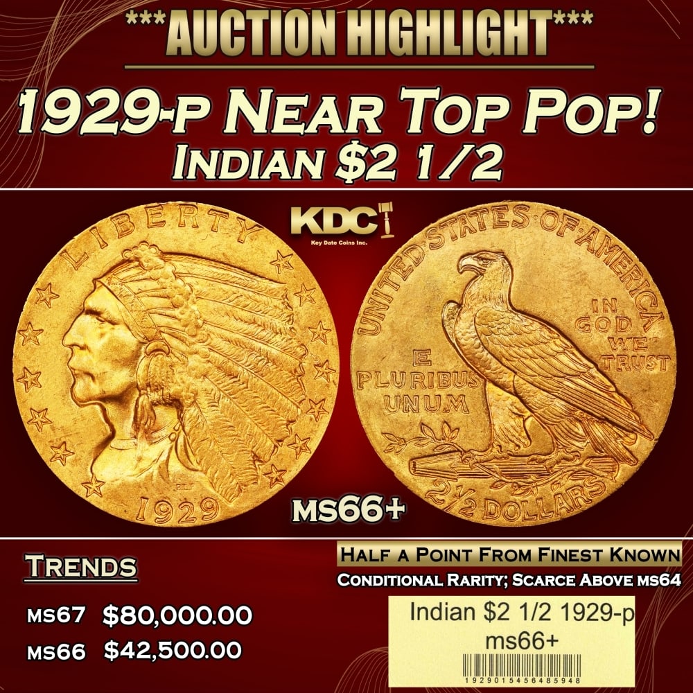 1929-p Gold Indian Quarter Eagle Near Top Pop! $2 1/2 ms66+ USCG: 1929-p Near Top Pop! Gold Indian Quarter Eagle $2 1/2 ms66+ USCG. Per David Akers Of PCGS "This is an unusual issue in that it is easy to find in MS-63 or lower condition but surprisingly difficult to