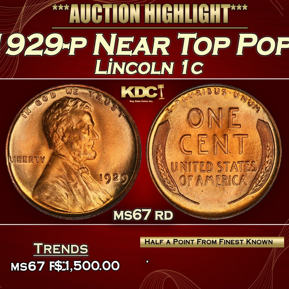 1929-p Lincoln Cent Near Top Pop! 1c ms67 rd SEGS: 1929-p Near Top Pop! Lincoln Cent 1c ms67 rd SEGS. 0