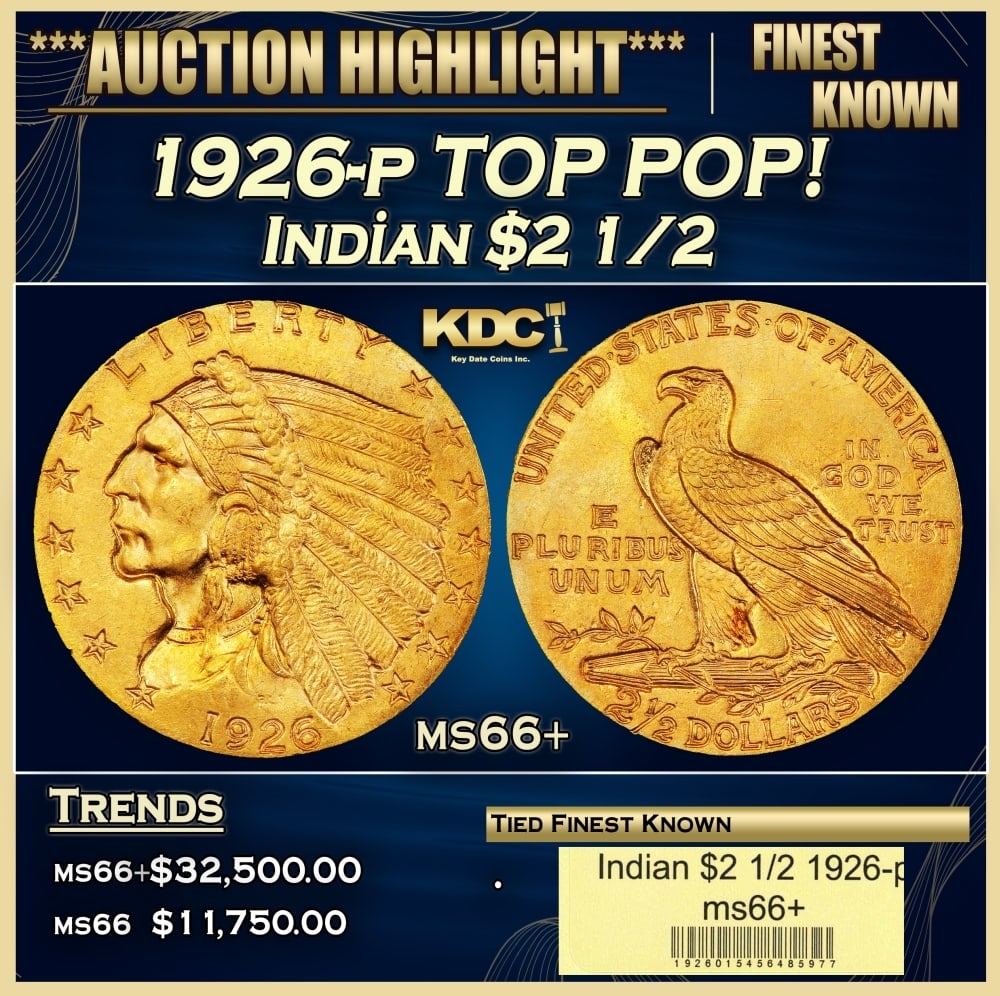 1926-p Gold Indian Quarter Eagle TOP POP! $2 1/2 ms66+ USCG: 1926-p TOP POP! Gold Indian Quarter Eagle $2 1/2 ms66+ USCG. The 1926 is the most consistently well produced and sharply defined circulation strike Indian quarter eagle, and the present example does n
