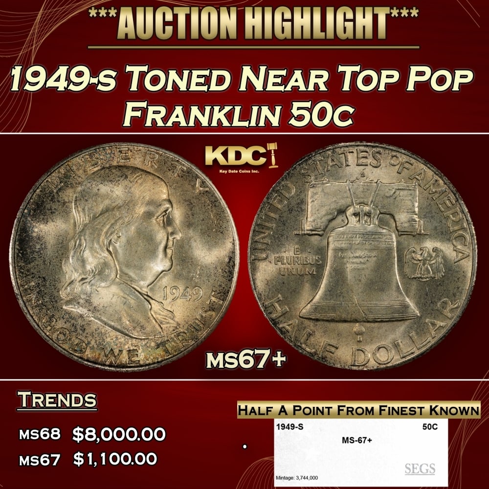 1949-s Franklin Half Dollar Toned Near Top Pop 50c ms67+ SEGS: 1949-s Toned Near Top Pop Franklin Half Dollar 50c ms67+ SEGS. 0