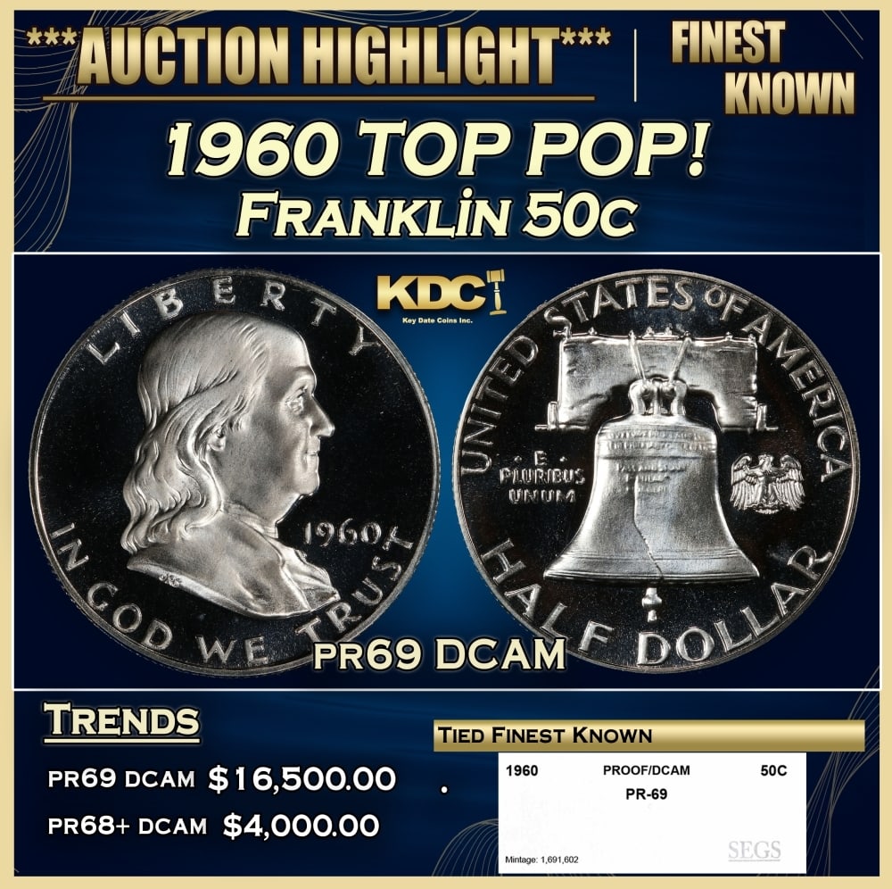 1960 Proof Franklin Half Dollar TOP POP! 50c pr69 DCAM SEGS: 1960 TOP POP! Franklin Half Dollar 50c pr69 DCAM SEGS. A new master die was put into use in 1960. The previous one had been used for an entire decade, causing many proofs from that era to lack contras