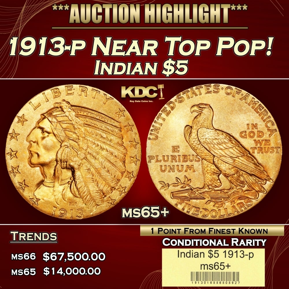 1913-p Gold Indian Half Eagle Near Top Pop! $5 ms65+ USCG (1 of 4)