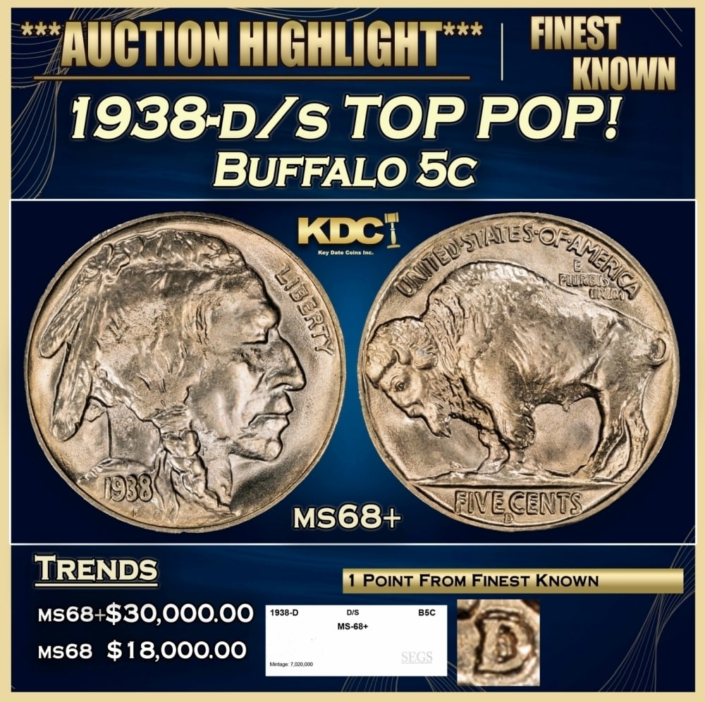 1938-d/s Buffalo Nickel TOP POP! 5c ms68+ SEGS: 1938-d/s TOP POP! Buffalo Nickel 5c ms68+ SEGS. 0