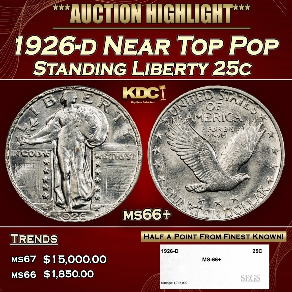 1926-d Standing Liberty Quarter Near Top Pop 25c ms66+ SEGS: 1926-d Near Top Pop Standing Liberty Quarter 25c ms66+ SEGS. 0