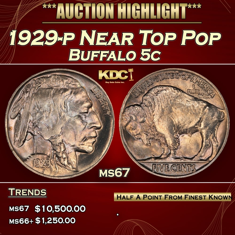 1929-p Buffalo Nickel Near Top Pop 5c ms67 SEGS: 1929-p Near Top Pop Buffalo Nickel 5c ms67 SEGS. 0