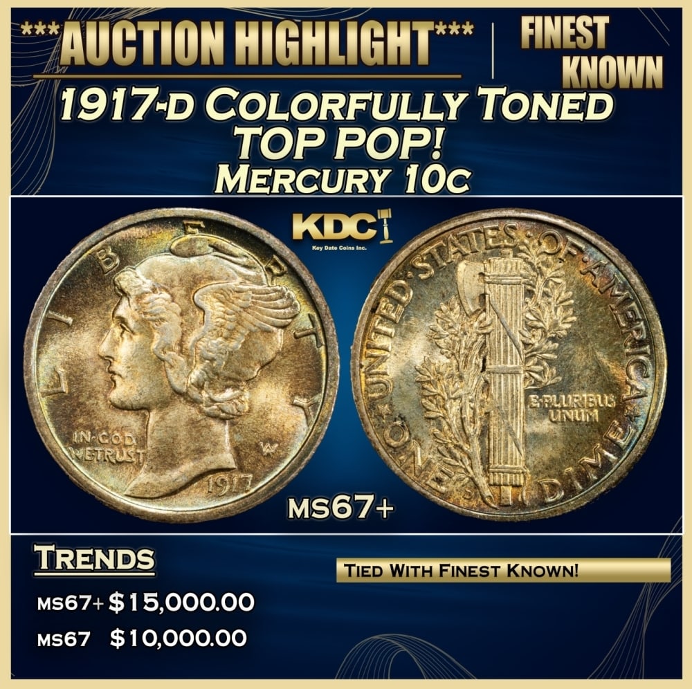 1917-d Mercury Dime Colorfully Toned TOP POP! 10c ms67+ SEGS: 1917-d Colorfully Toned TOP POP! Mercury Dime 10c ms67+ SEGS. 0