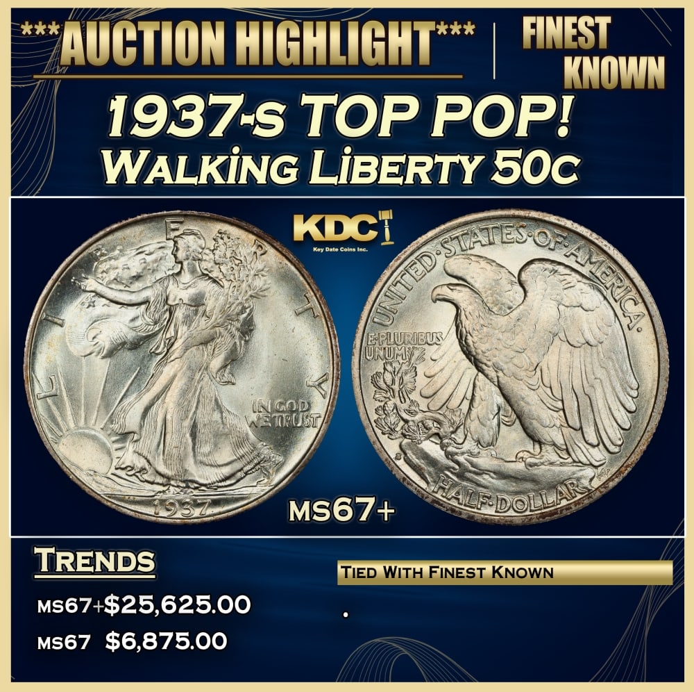 1937-s Walking Liberty Half Dollar TOP POP! 50c ms67+ SEGS: 1937-s TOP POP! Walking Liberty Half Dollar 50c ms67+ SEGS.