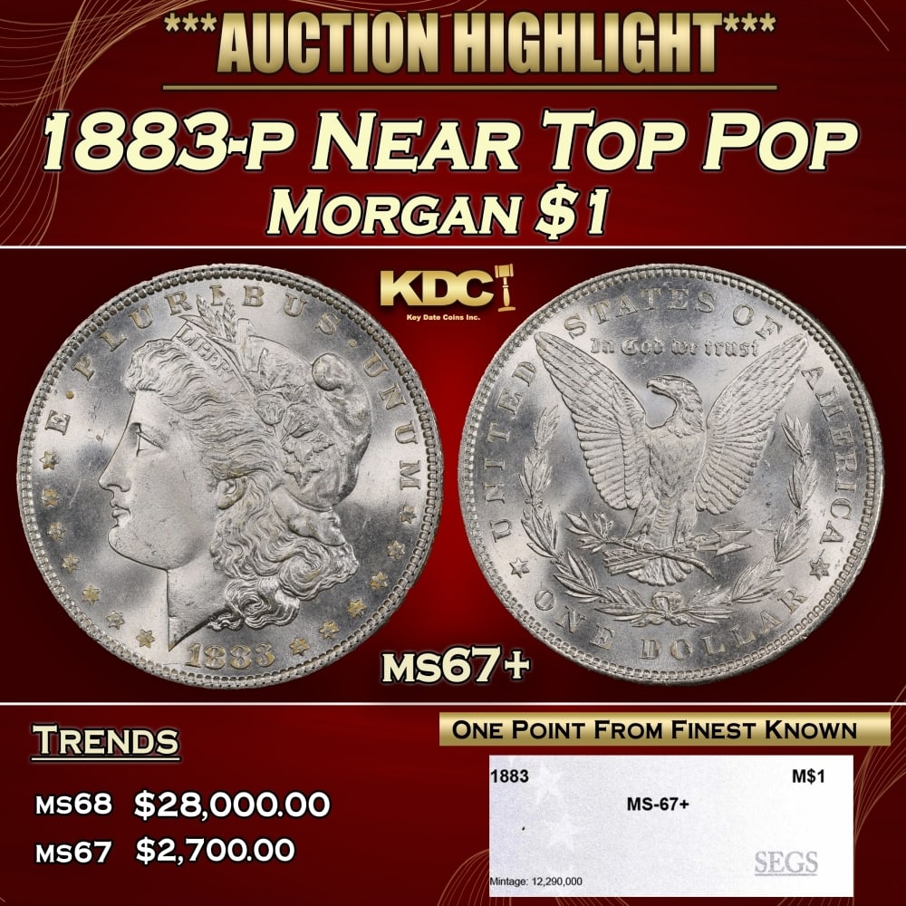 1883-p Morgan Dollar Near Top Pop $1 ms67+ SEGS: 1883-p Near Top Pop Morgan Dollar $1 ms67+ SEGS. 0