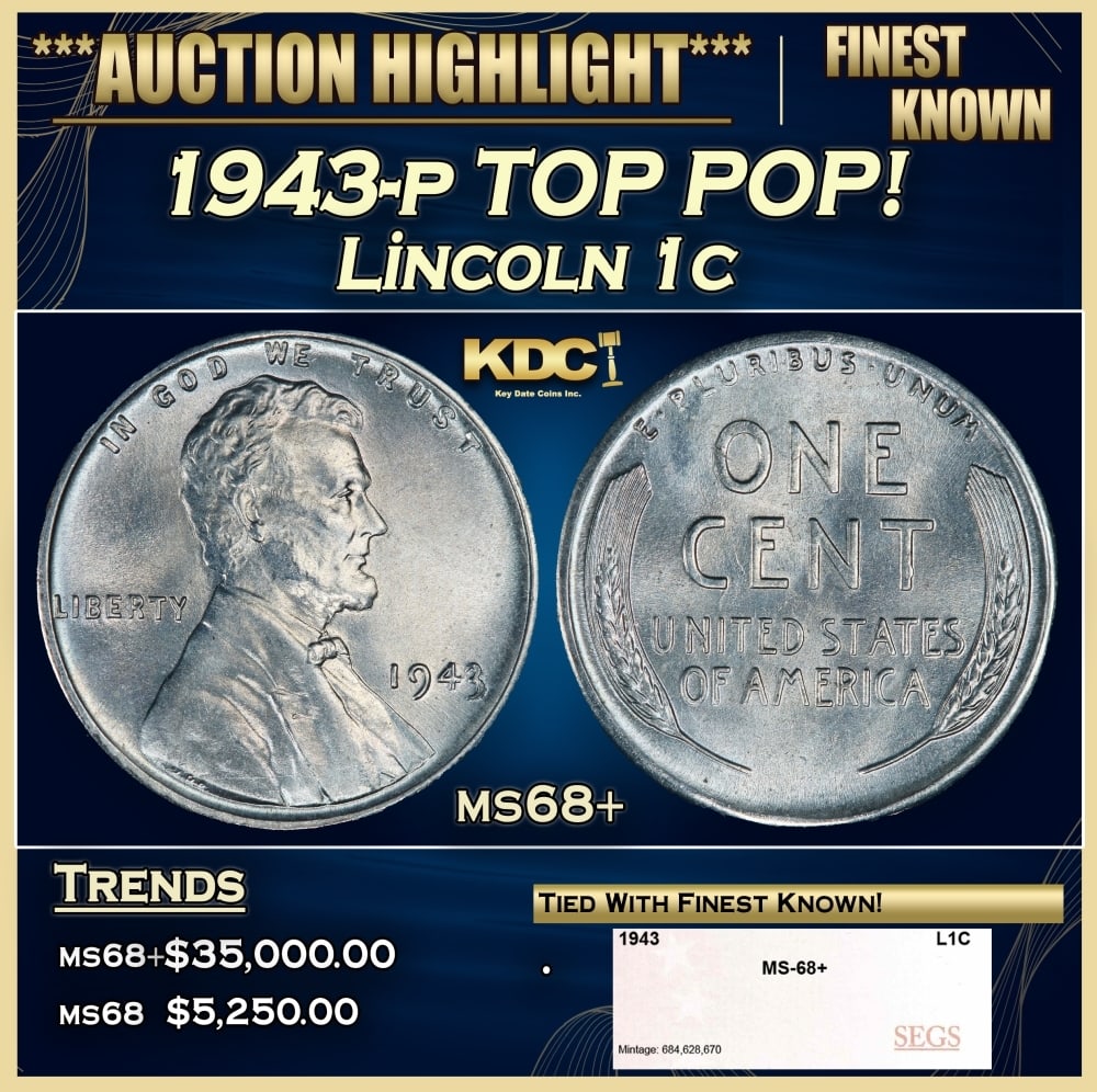 1943-p Lincoln Cent TOP POP! 1c ms68+ SEGS (1 of 4)
