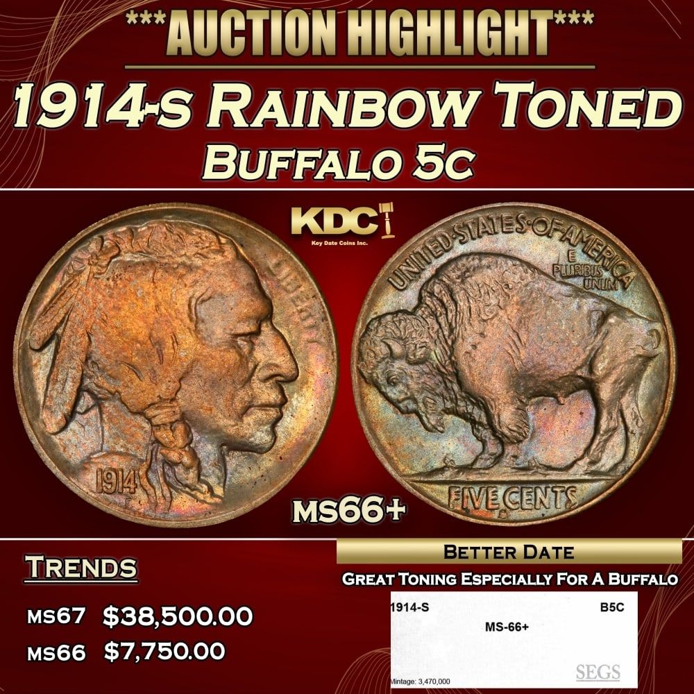 1914-s Buffalo Nickel Rainbow Toned 5c ms66+ SEGS: 1914-s Rainbow Toned Buffalo Nickel 5c ms66+ SEGS. 0