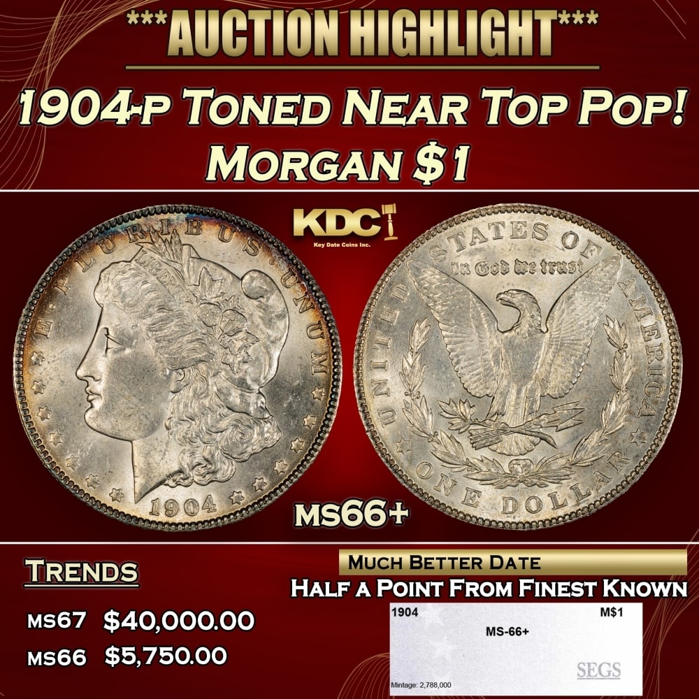 1904-p Morgan Dollar Toned Near Top Pop! $1 ms66+ SEGS: 1904-p Toned Near Top Pop! Morgan Dollar $1 ms66+ SEGS. 0