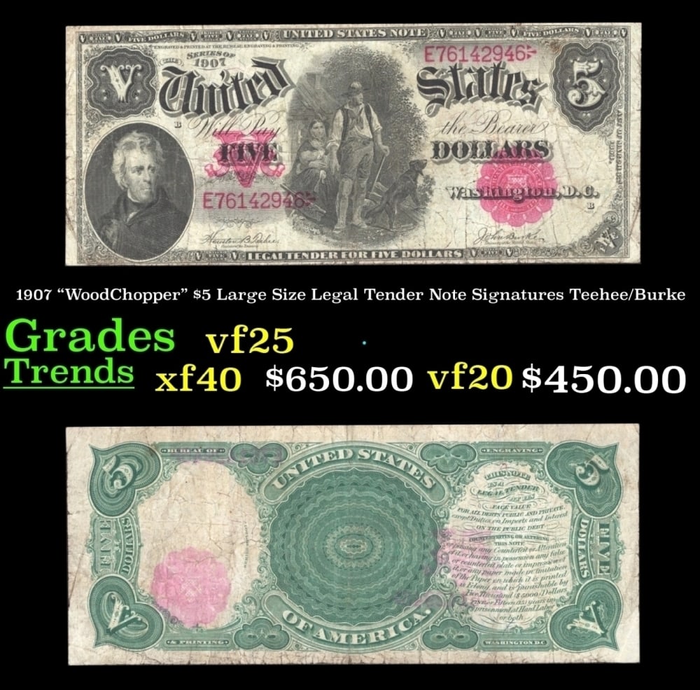 1907 Teehee/Burke $5 Large Size Legal Tender Note Grades vf+: 1907 Teehee/Burke $5 Large Size Legal Tender Note Grades vf+.